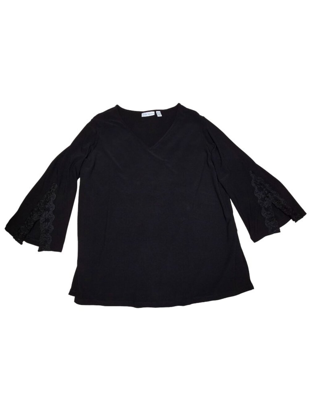 Susan Graver Black Liquid Knit Top 1XL V-Neck Bell Sleeve Lace